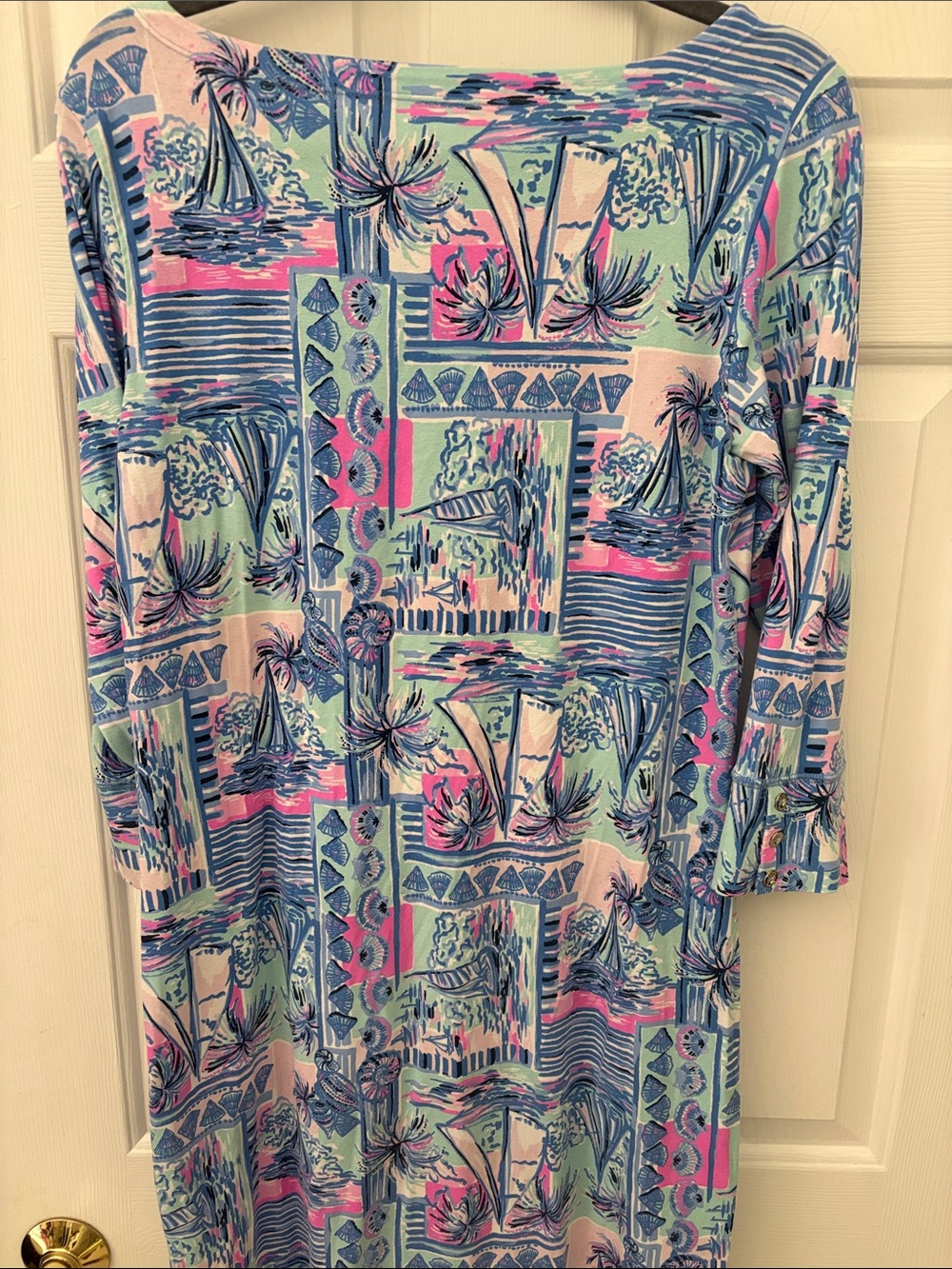Tropical Print Boatneck Dress in Blue, Pink & Mint - Picture 4 of 4